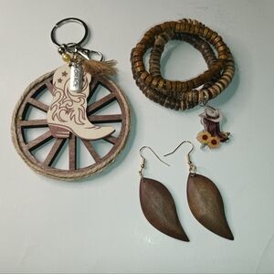 Wooden earrings, bracelets, and keychain.